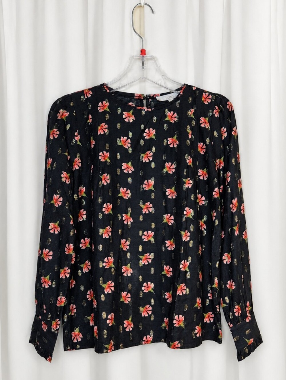 LOFT Black Pink Floral Metallic Clip Dot Ruffle Cuff Romantic Feminine Blouse